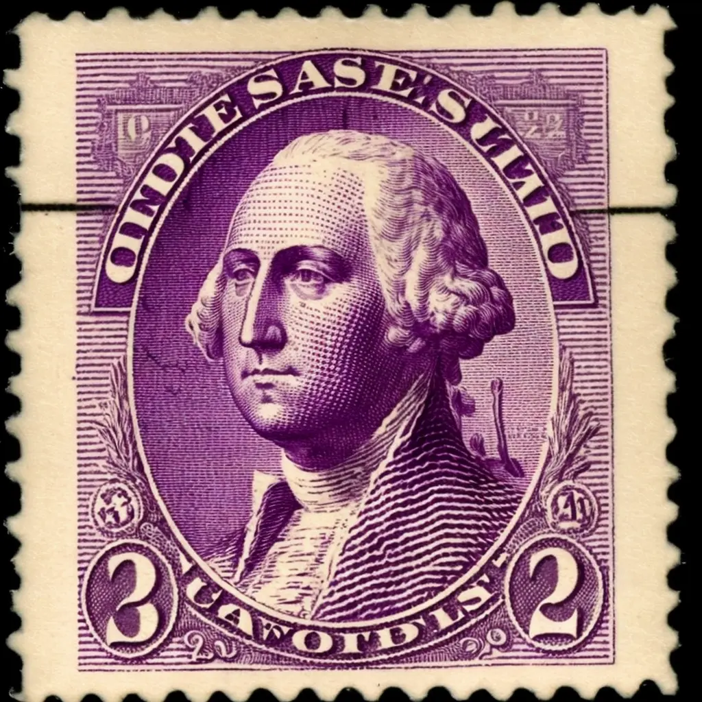 vintage 2 cent postage stamp of George Washington, purple ink, line engraving, intaglio